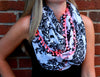 Black and White Crest Scarf with Pink PomPoms