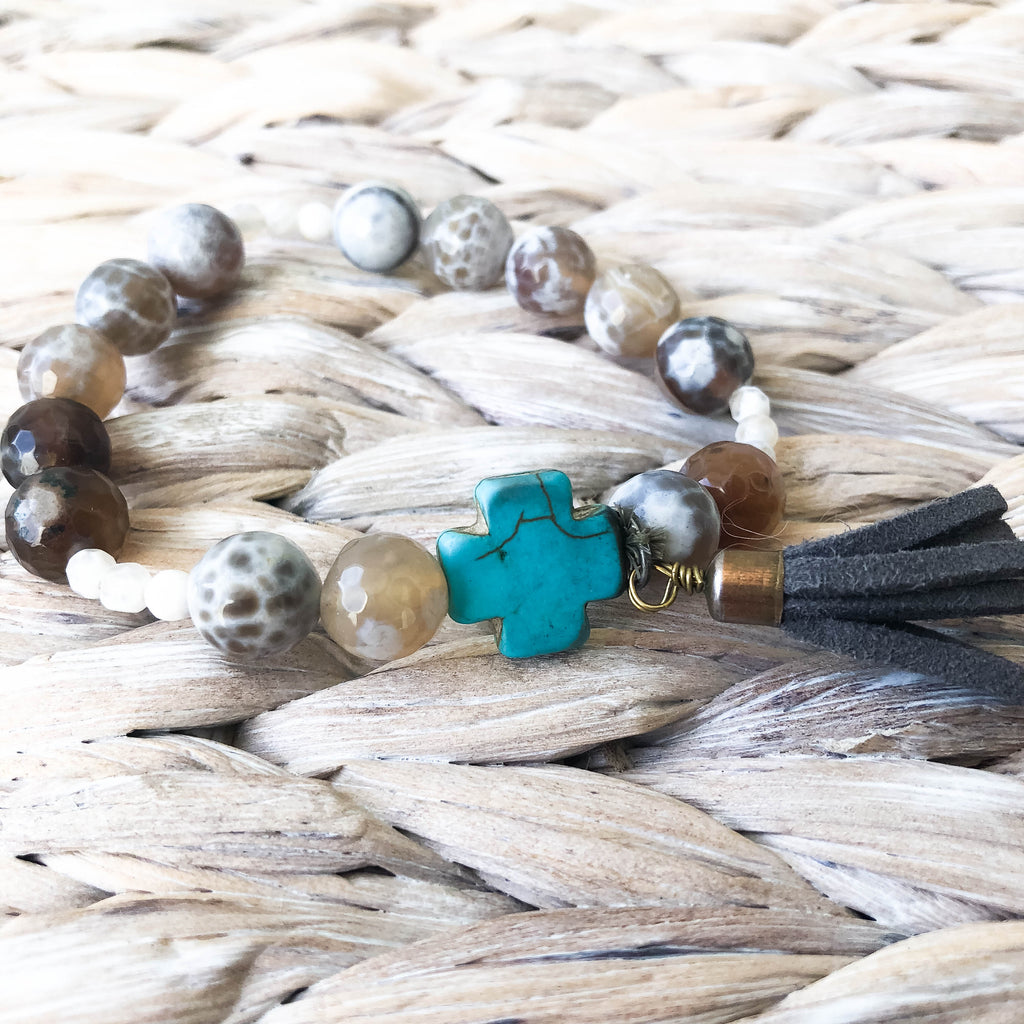 "Mason" Brown Marbled and Turquoise Cross Bracelet