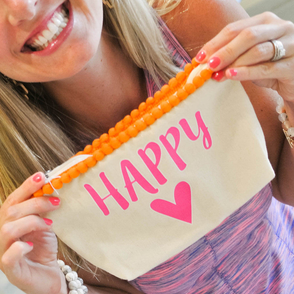 Happy Heart Canvas Everything Bag with Pom Poms