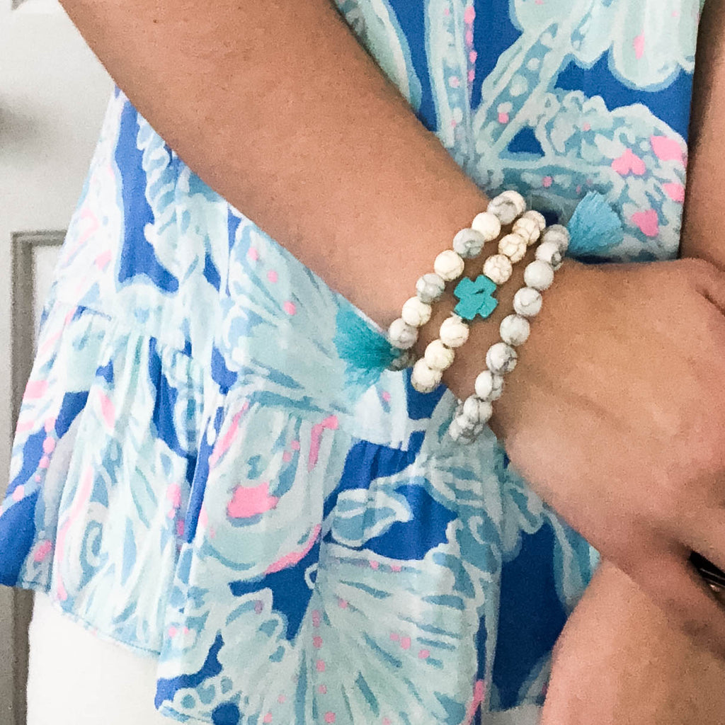 Turquoise and Ivory Cross Bracelets with Tassels