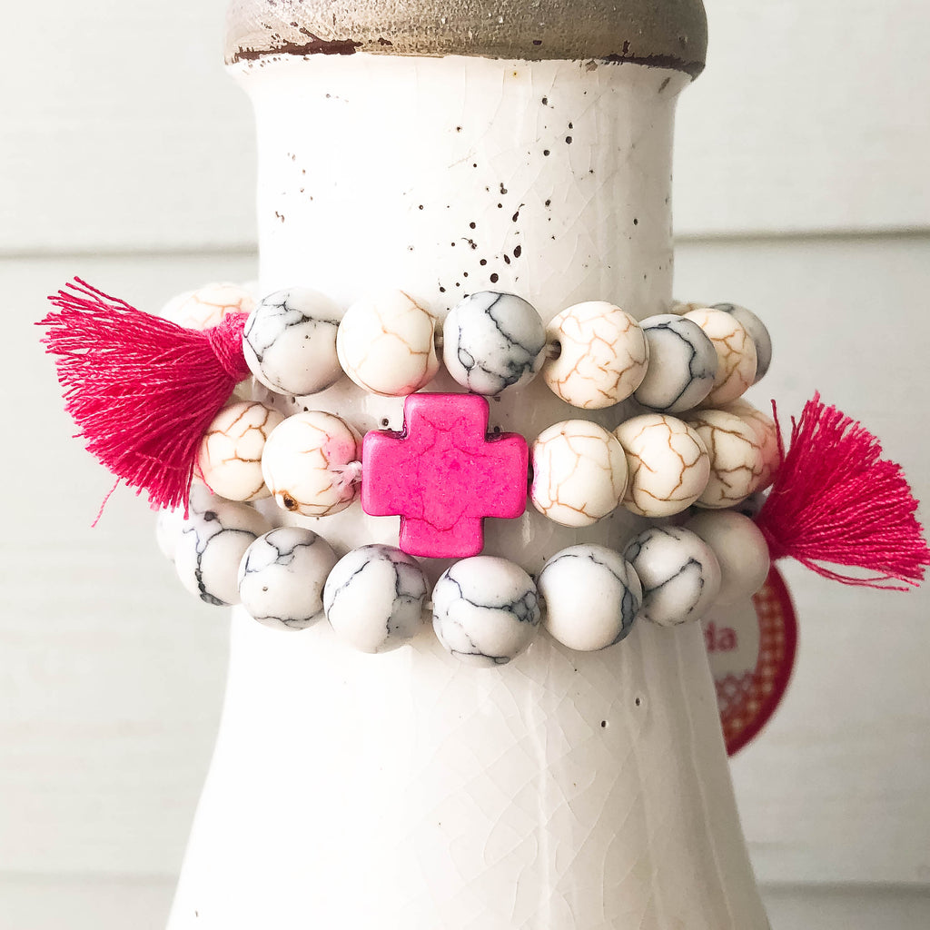 Hot Pink and Ivory Cross Bracelets with Tassels