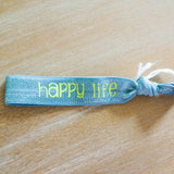 Happy Heart Happy Life Neon Blue hair tie with Neon green print