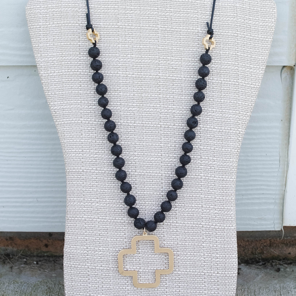 'Luna' Cross Choose Love Stone Bead & Genuine Leather Necklace