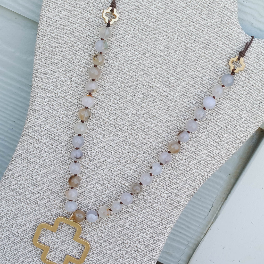 'Willow' Cross Choose Love Stone Bead & Genuine Leather Necklace