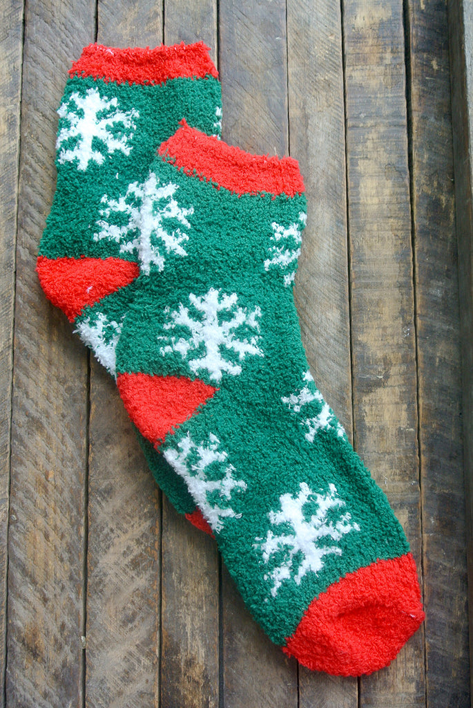 Green and Red Snowflake Fuzzy Socks - Christmas Socks – Heart On